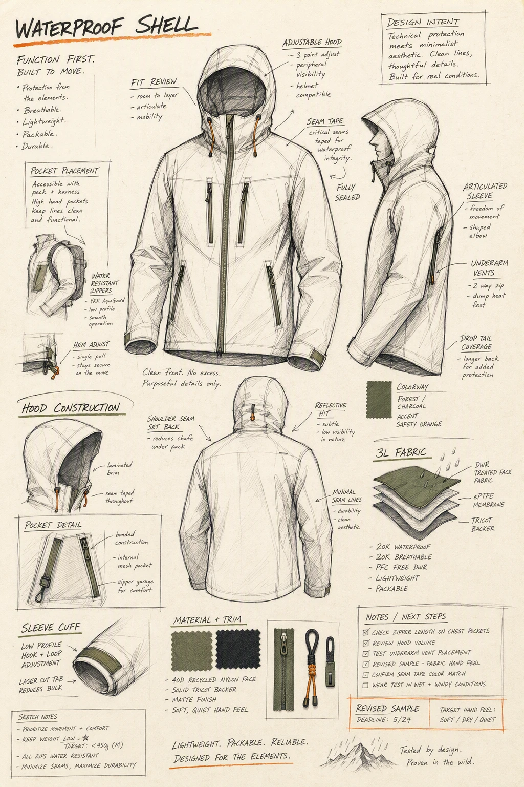 Technical fashion sketch sheet for a waterproof outdoor shell jacket with designer annotations