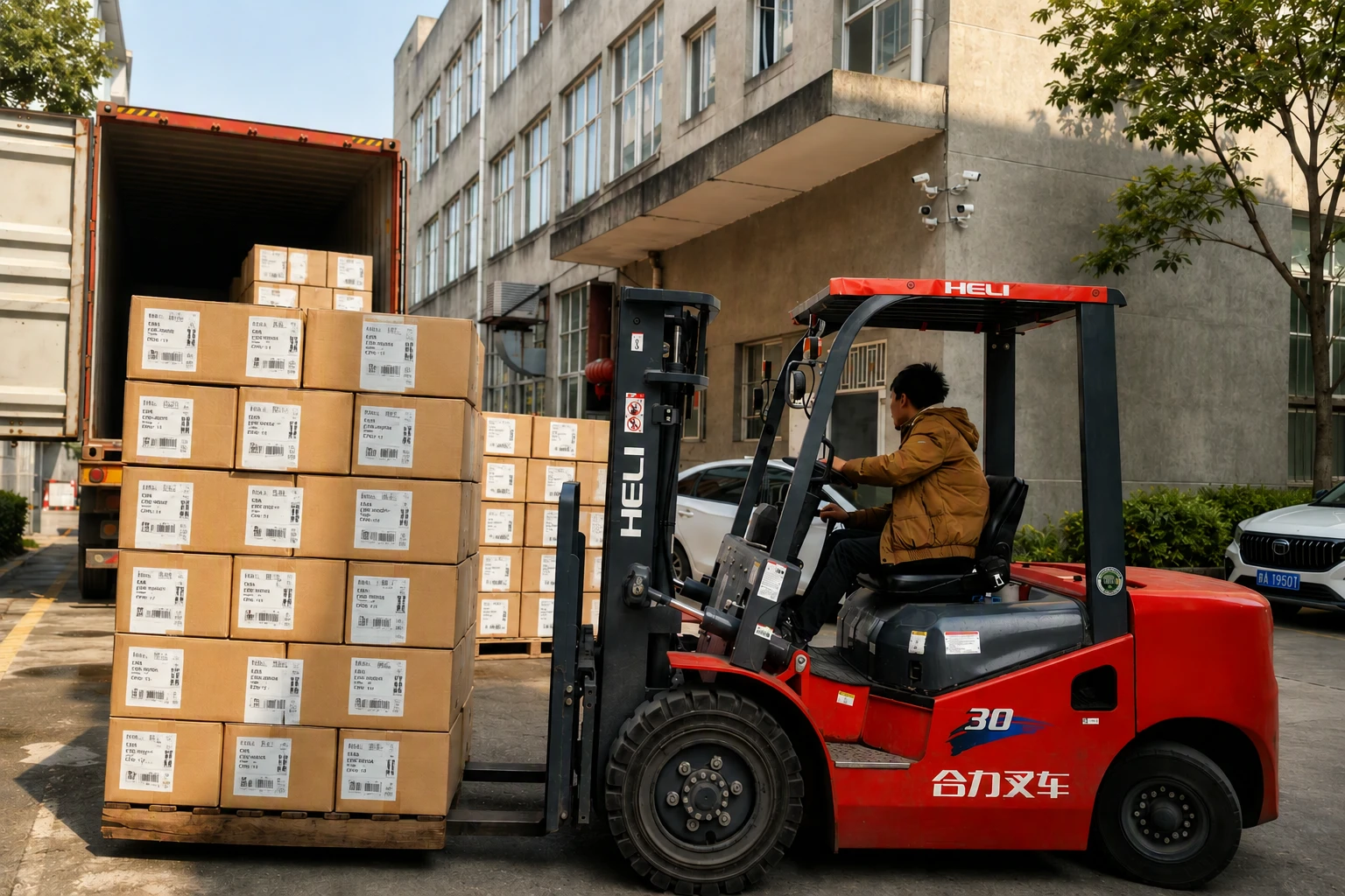 Chinese logistics team preparing unbranded apparel cartons for export shipment